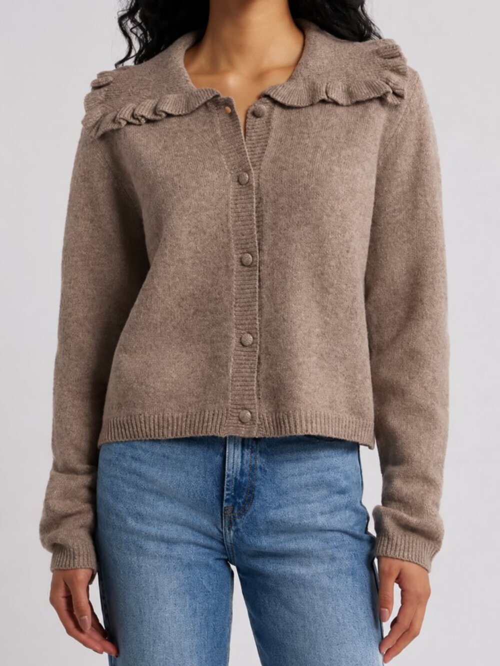 Marled | Ruffle Collar Button Front Cardigan | Taupe Knit Sweater | M